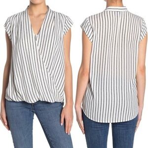 Chic Minimalist Sz XS Striped Surplice Blouse Black White Capsule Workwear Top